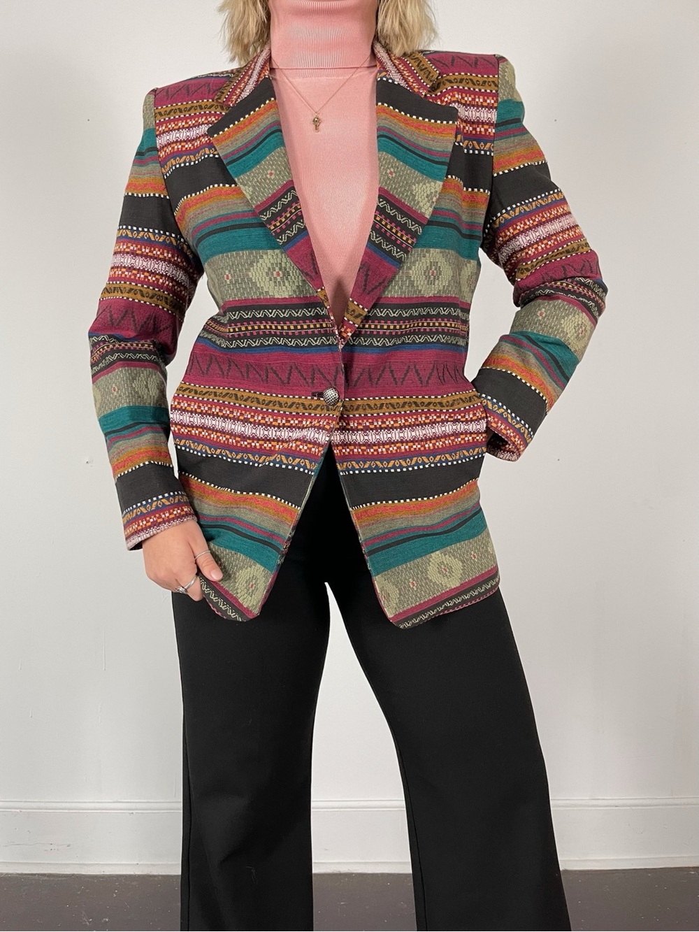 Vintage 80s Town & Travel Western Multi Pattern Jacquard Blazer - Picture 6 of 7